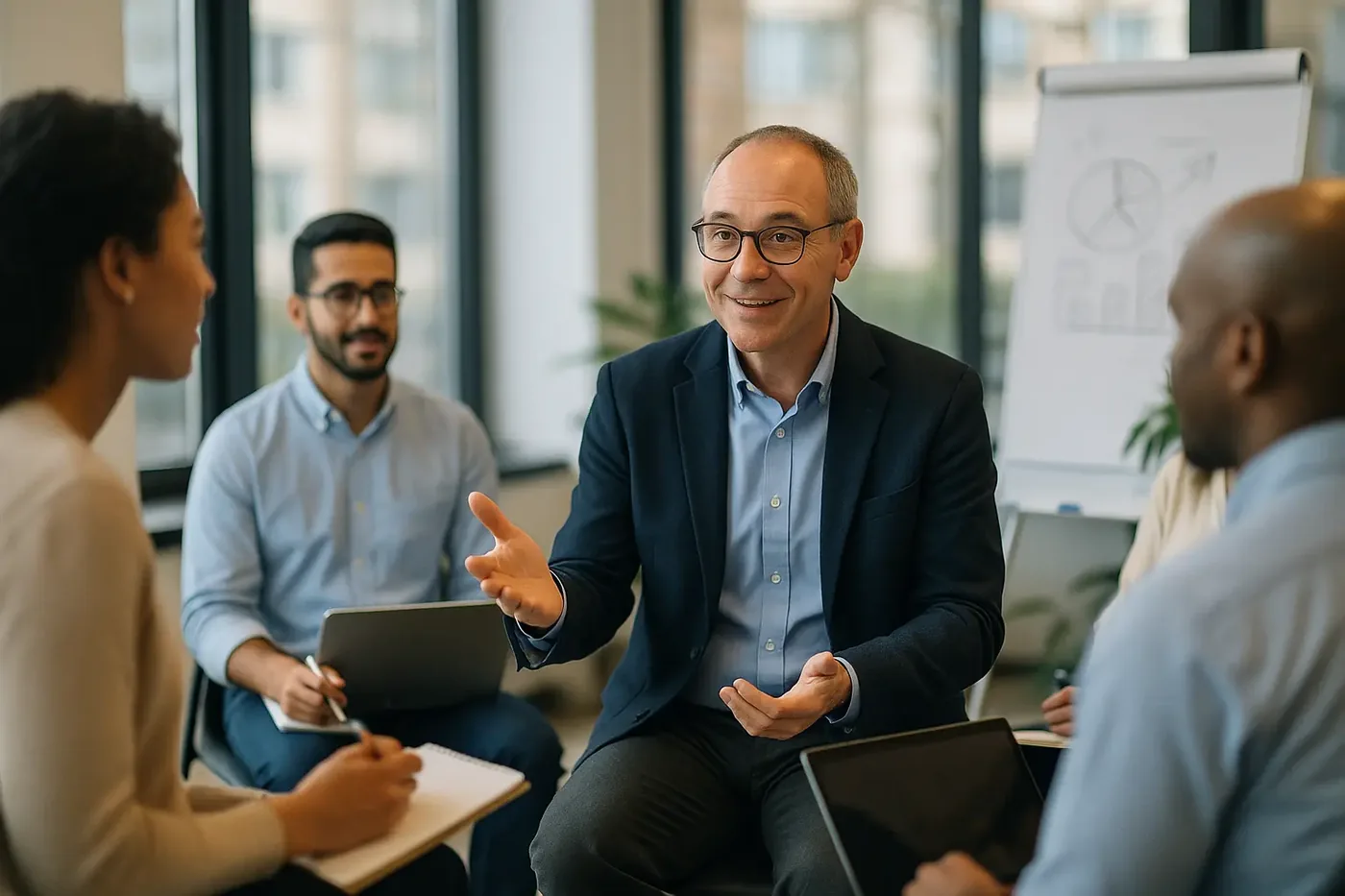 Coach professionnel échangeant avec des collaborateurs lors d'une séance de coaching